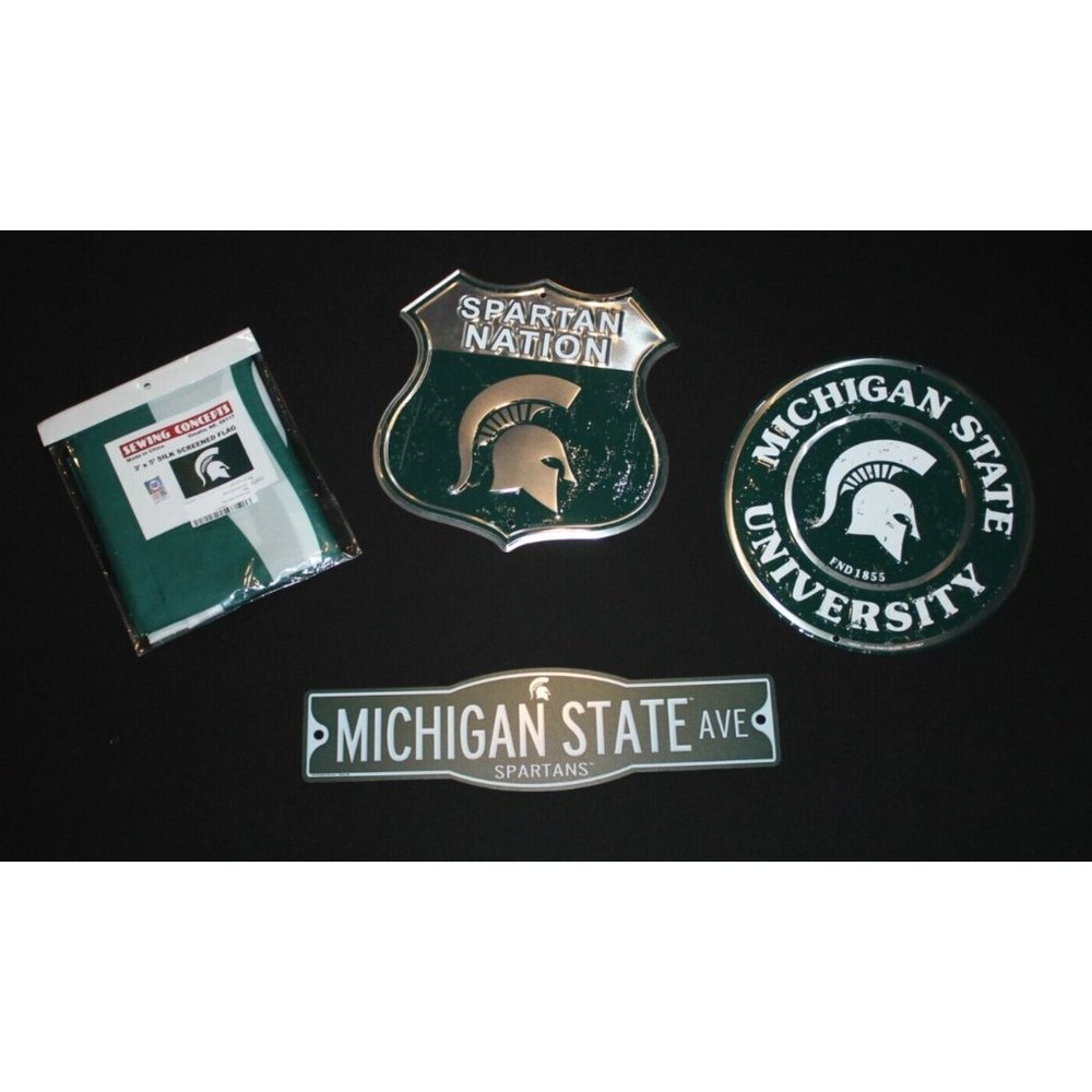 Michigan State University Spartans Lot of 4 Metal & Plastic Signs & Flag NEW